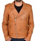 Men's biker tan leather jacket real lambskin casual style
