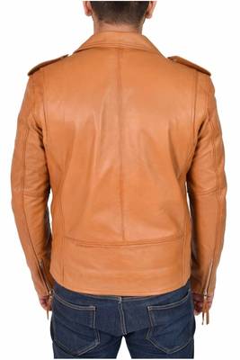 Men's biker tan leather jacket real lambskin casual style 2