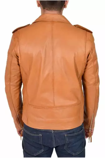 Men's biker tan leather jacket real lambskin casual style