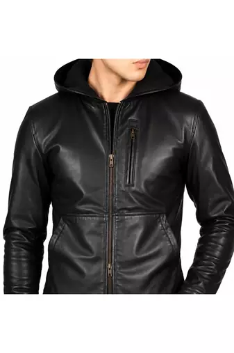 Men's black leather jacket real lambskin hoodies style jacket