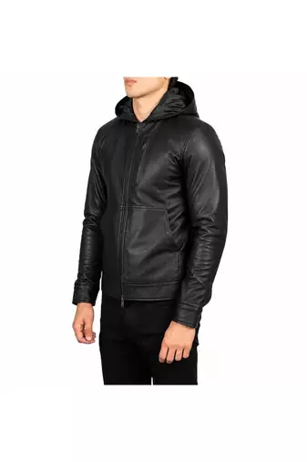Men's black leather jacket real lambskin hoodies style jacket