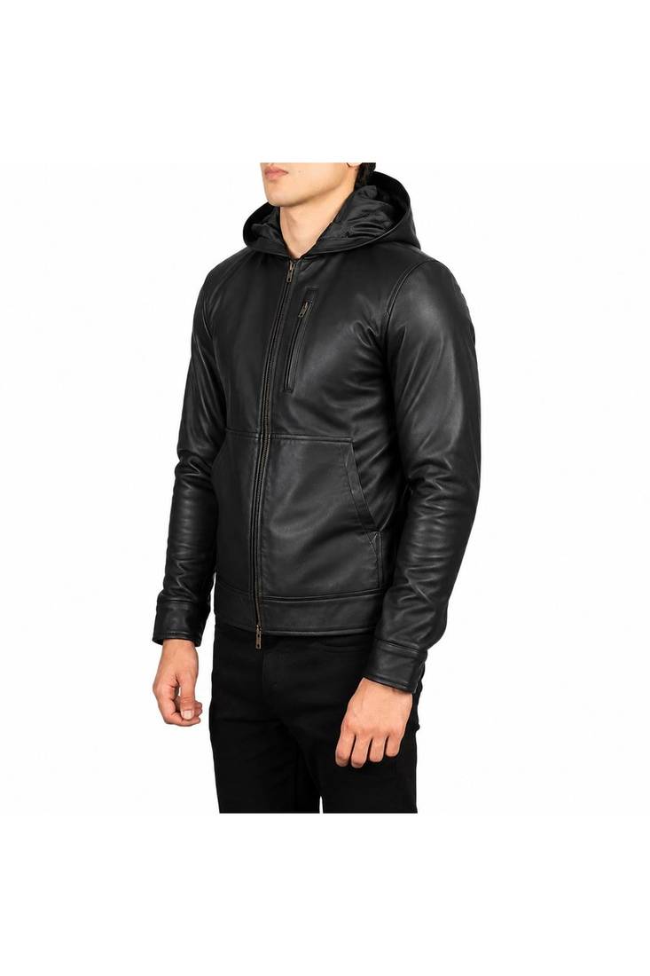 Men's black leather jacket real lambskin hoodies style jacket