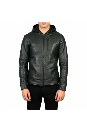 Men's green leather bomber jacket real lambskin hoodies