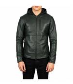 Men's green leather bomber jacket real lambskin hoodies