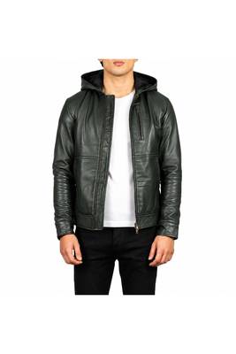 Men's green leather bomber jacket real lambskin hoodies 2
