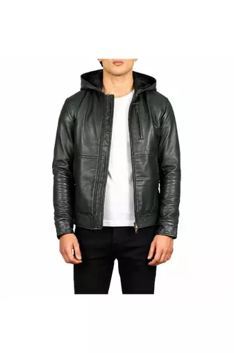 Men's green leather bomber jacket real lambskin hoodies