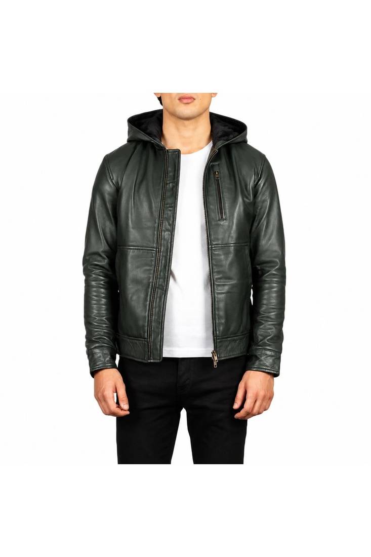 Men's green leather bomber jacket real lambskin hoodies