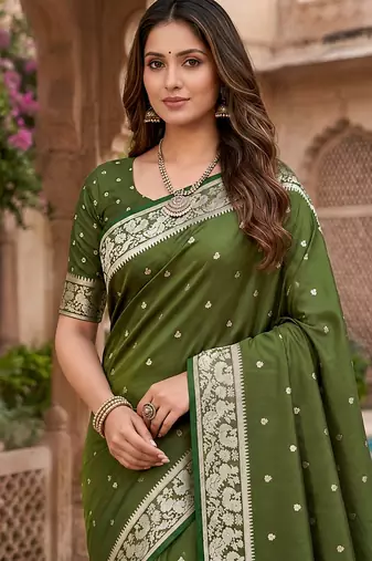 Green soft silk blend saree with zari weaving meenakari design
