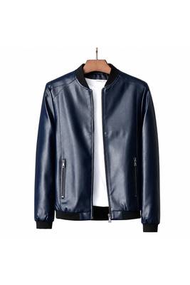Men's navy blue leather bomber jacket tailored look 1