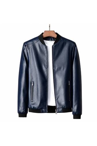 Men's navy blue leather bomber jacket tailored look