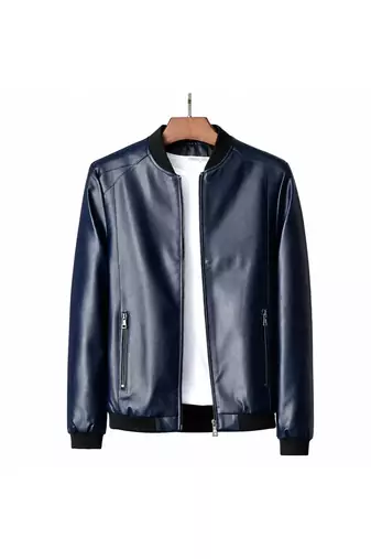 Men's navy blue leather bomber jacket tailored look
