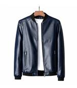 Men's navy blue leather bomber jacket tailored look