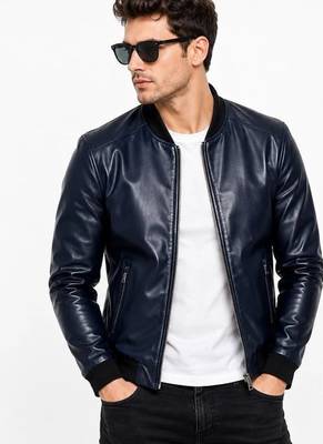 Men's navy blue leather bomber jacket tailored look 2