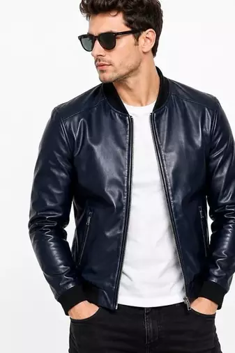 Men's navy blue leather bomber jacket tailored look