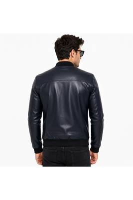 Men's navy blue leather bomber jacket tailored look 3