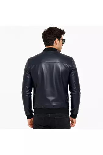 Men's navy blue leather bomber jacket tailored look