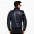 Men's navy blue leather bomber jacket tailored look