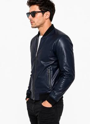 Men's navy blue leather bomber jacket tailored look 4