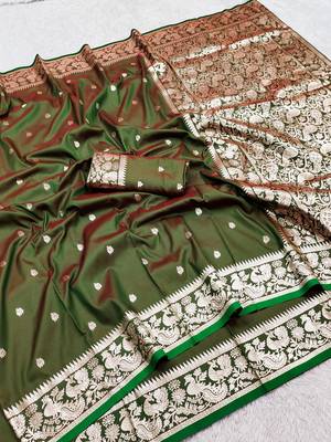 Green soft silk blend saree with zari weaving meenakari design 5