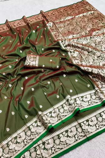 Green soft silk blend saree with zari weaving meenakari design