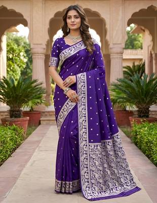 Purple soft silk blend saree with zari weaving meenakari design 1