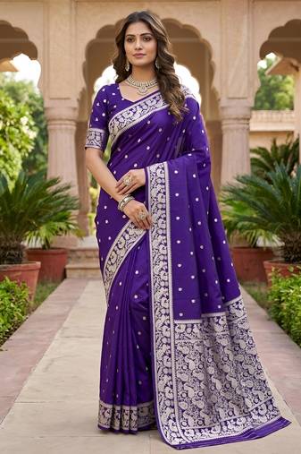 Purple soft silk blend saree with zari weaving meenakari design