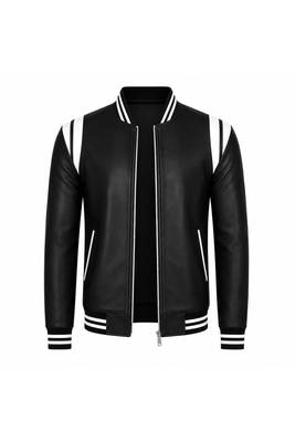 Men's black leather bomber jacket white strip style  jacket 1
