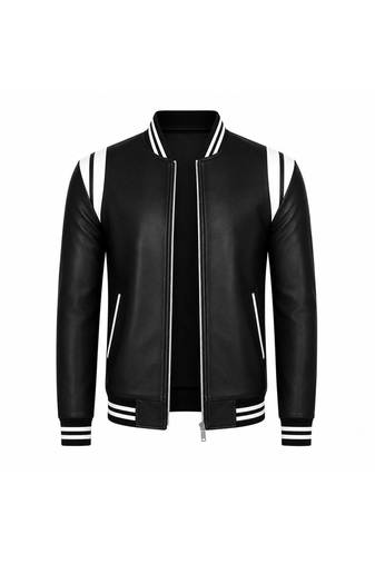 Men's black leather bomber jacket white strip style  jacket