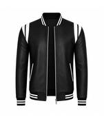 Men's black leather bomber jacket white strip style  jacket