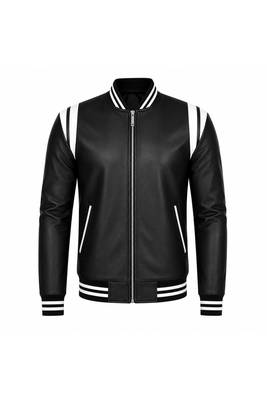 Men's black leather bomber jacket white strip style  jacket 2