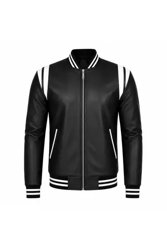 Men's black leather bomber jacket white strip style  jacket