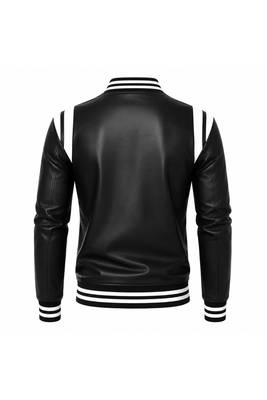 Men's black leather bomber jacket white strip style  jacket 3