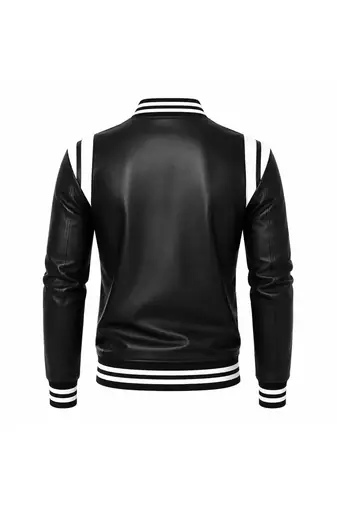 Men's black leather bomber jacket white strip style  jacket