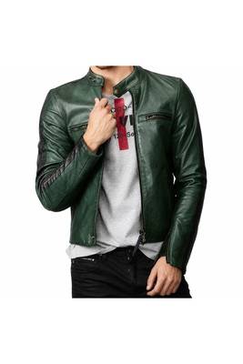 Men's green biker leather jacket minimal  side pocket design 1