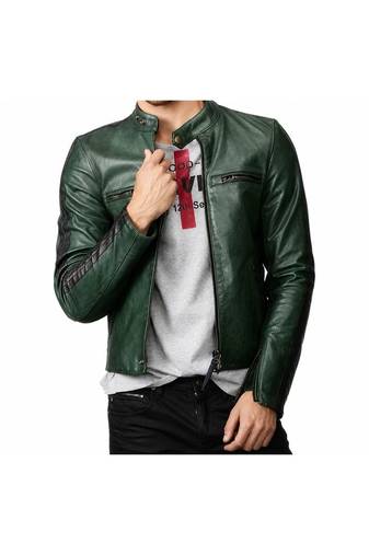 Men's green biker leather jacket minimal  side pocket design