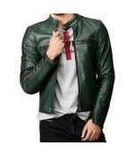 Men's green biker leather jacket minimal  side pocket design