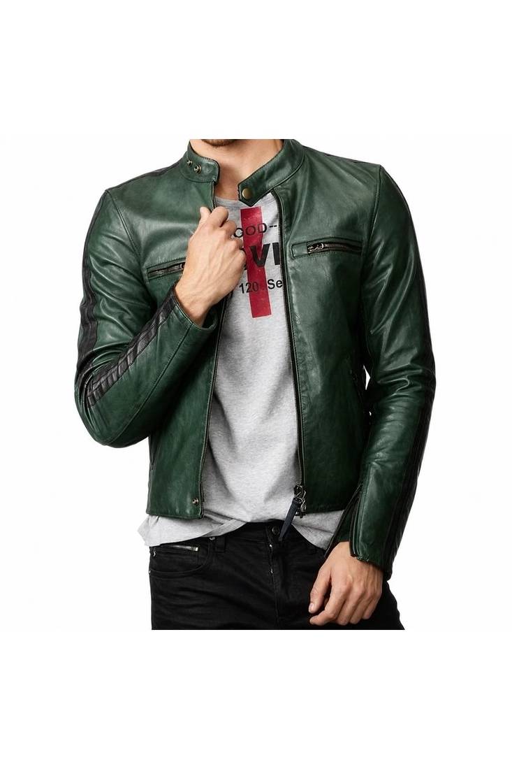 Men's green biker leather jacket minimal  side pocket design