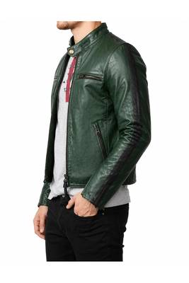 Men's green biker leather jacket minimal  side pocket design 2