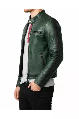 Men's green biker leather jacket minimal  side pocket design