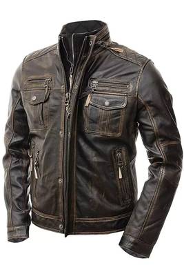 Men's biker leather brown jacket smart casual vintage style 1