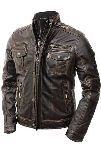 Men's biker leather brown jacket smart casual vintage style