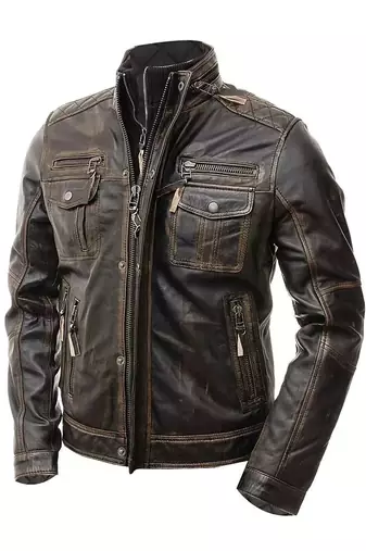 Men's biker leather brown jacket smart casual vintage style