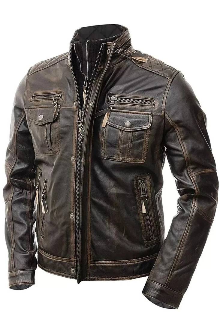 Men's biker leather brown jacket smart casual vintage style
