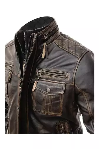 Men's biker leather brown jacket smart casual vintage style