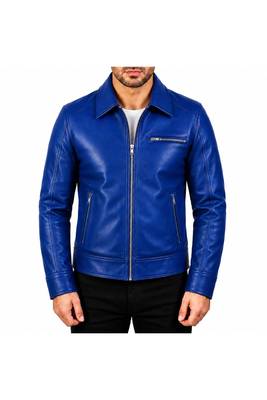 Men's blue leather biker jacket urban fashion lambskin coat 1