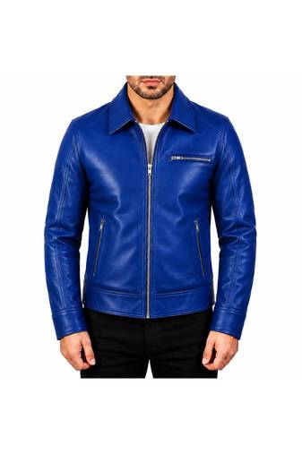 Men's blue leather biker jacket urban fashion lambskin coat