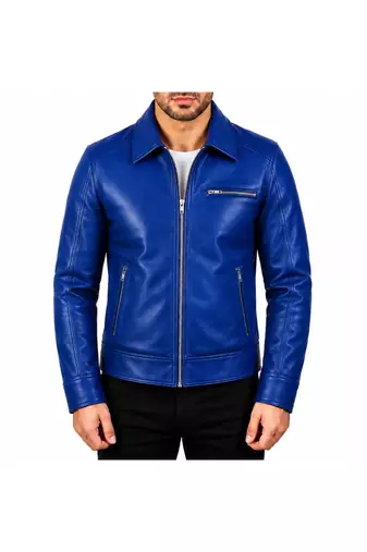 Men's blue leather biker jacket urban fashion lambskin coat