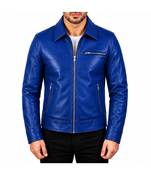 Men's blue leather biker jacket urban fashion lambskin coat