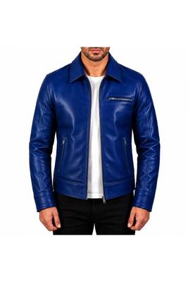 Men's blue leather biker jacket urban fashion lambskin coat 2