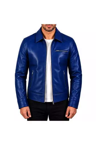 Men's blue leather biker jacket urban fashion lambskin coat